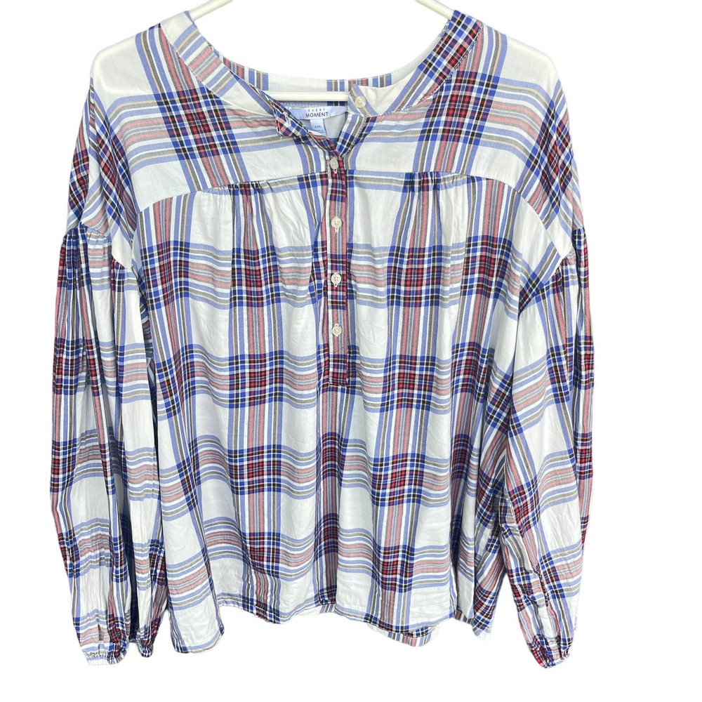 Every Moment‎ Blouse Womens Plus Size XXL 2X Plaid Red White Blue